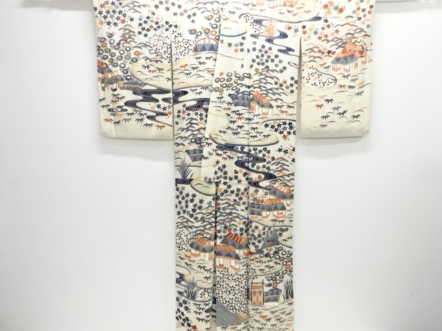  大正ロマン　錦紗流水に家屋風景模様一つ紋着物